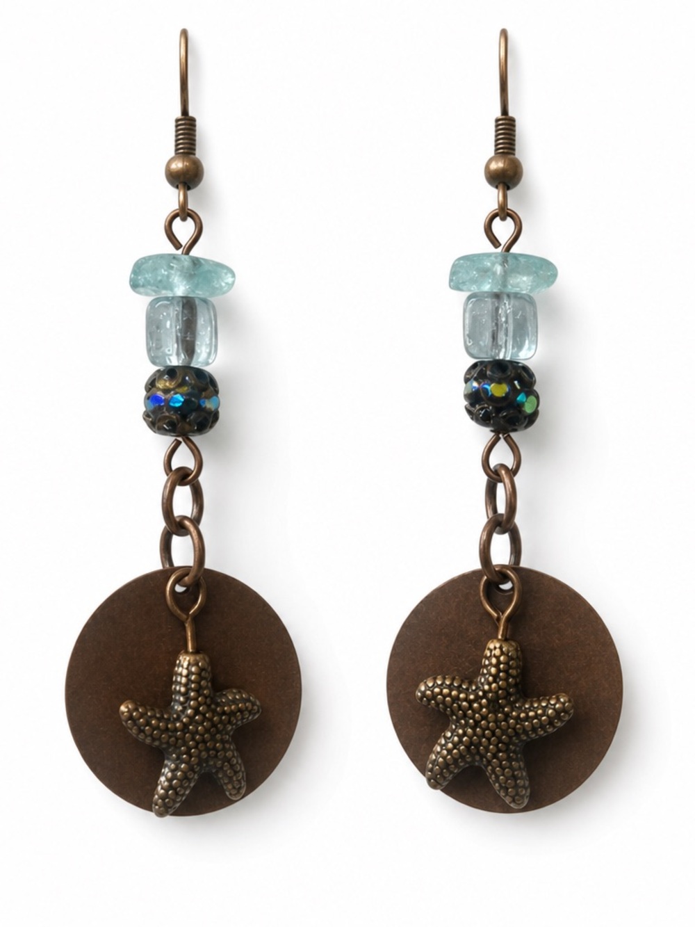 Aquamarine and Rhinestone Encrusted Beaded Starfish Drop Earrings